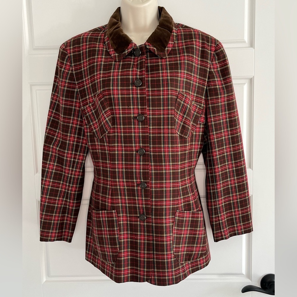 Vintage Wool Plaid Blazer Corduroy Collar Equestrian English Countryside Size 14